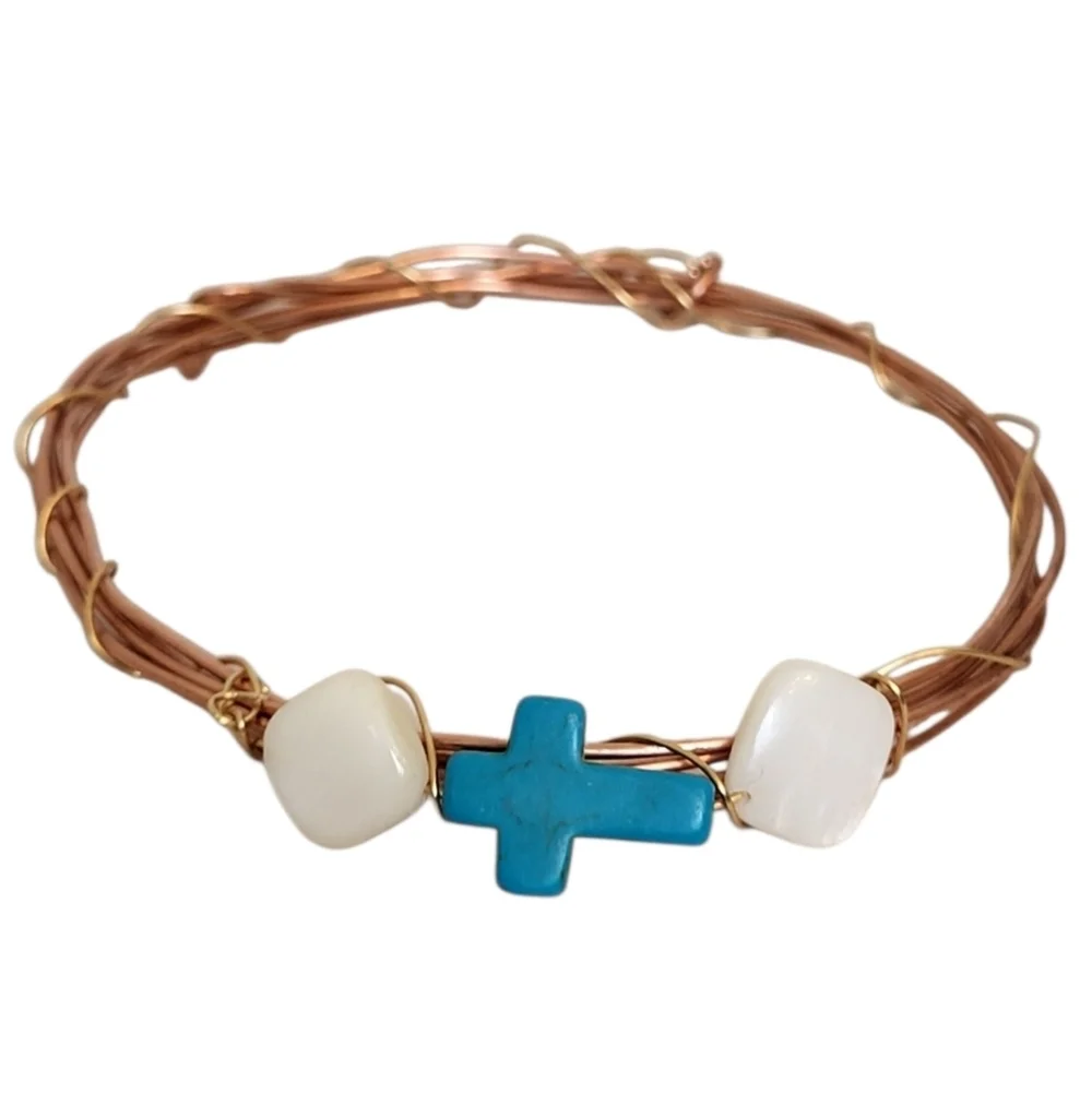 Twisted Copper & Turquoise Cross Square Mother Of Pearl Bracelet
